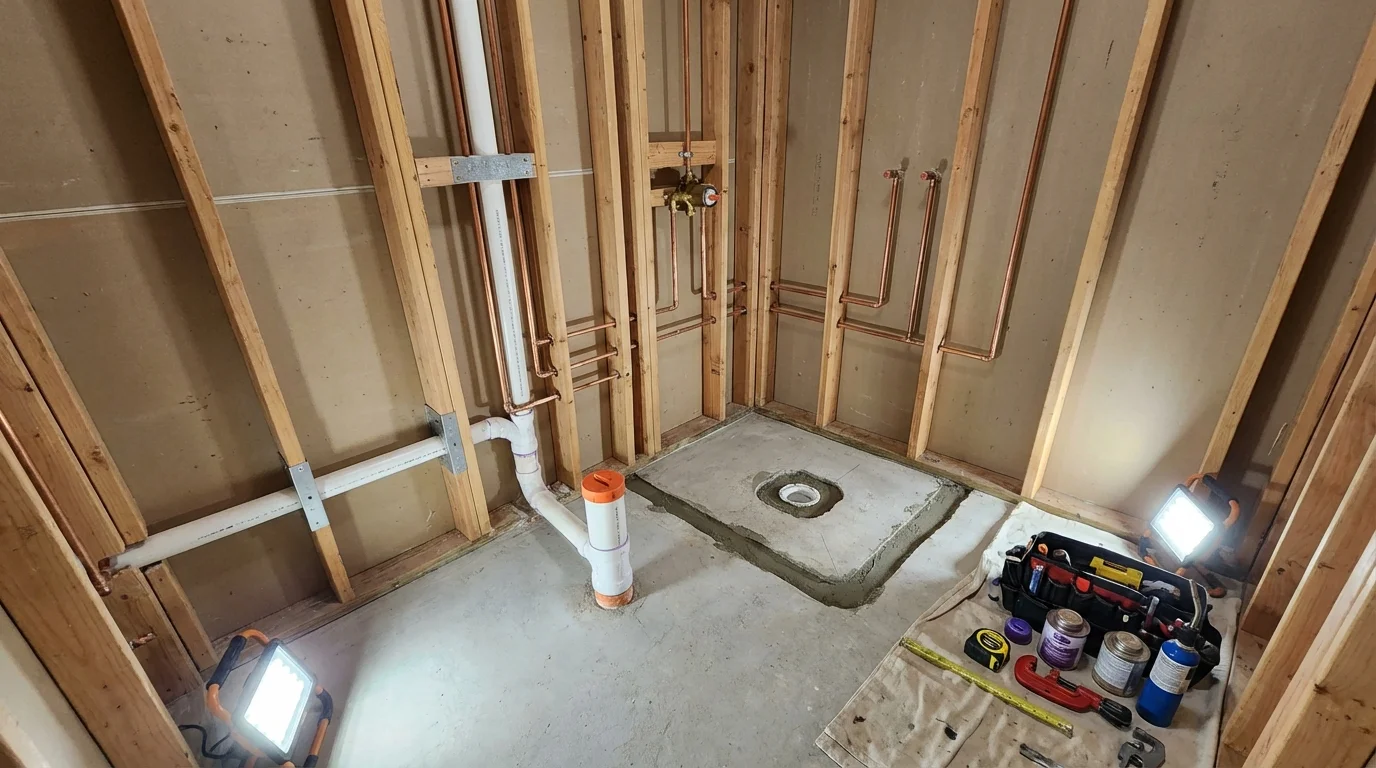 Bathroom rough-in plumbing during remodel by Johns Plumbing LLC in Coal Valley