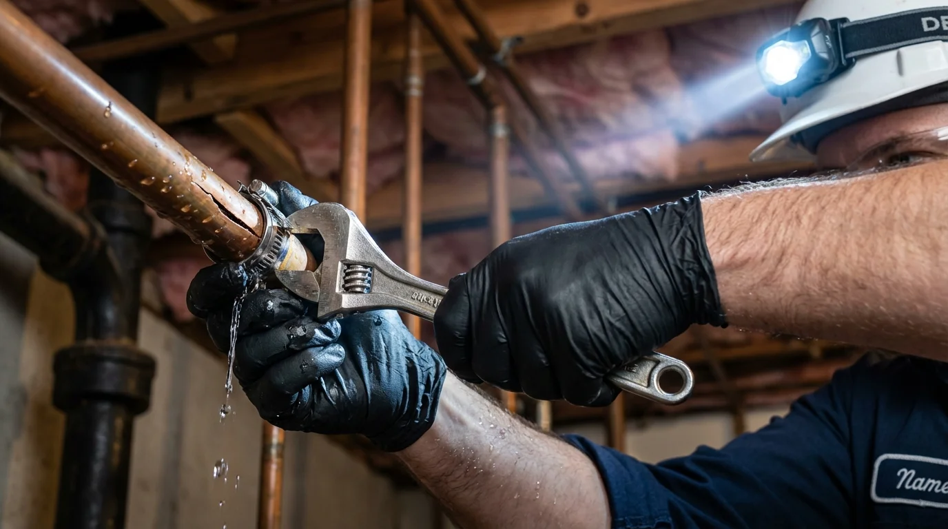 Emergency pipe clamp repair being performed by a Johns Plumbing LLC plumber in Coal Valley