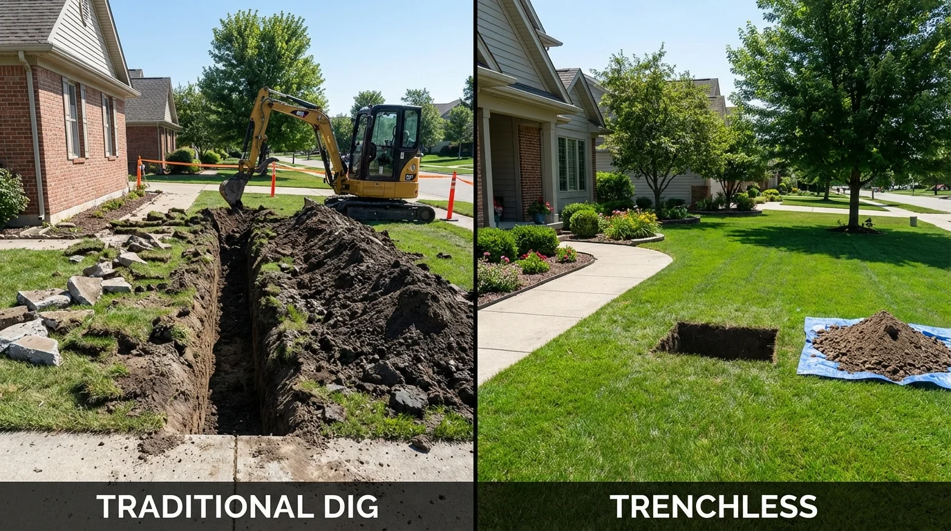 Trenchless sewer repair with minimal yard damage versus traditional excavation in Coal Valley, IL