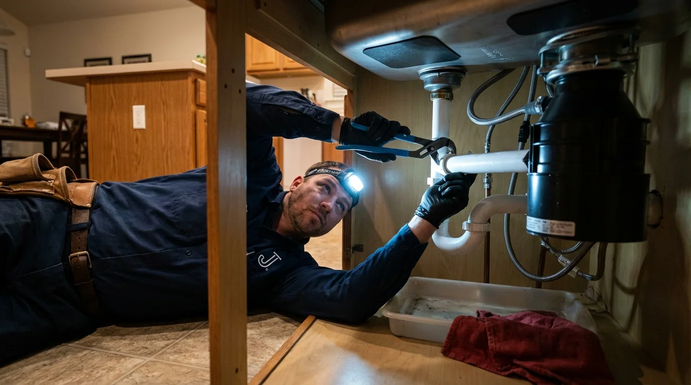 P-trap and supply line connections under a kitchen sink showing a common leak point in Coal Valley, IL